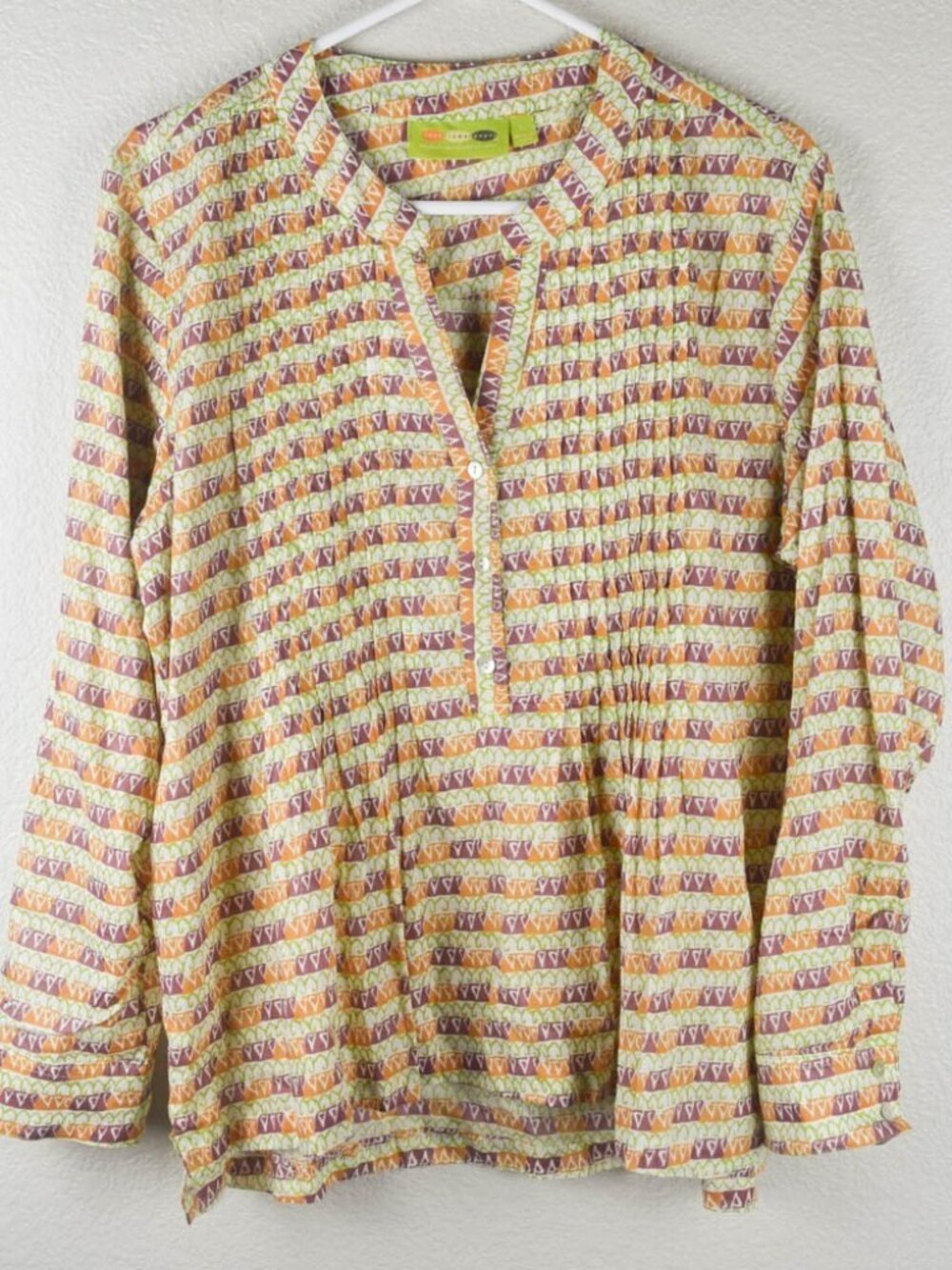 Rock Flower Paper Womens L Orange Batik Pleated Split Neck Blouse Top Popover